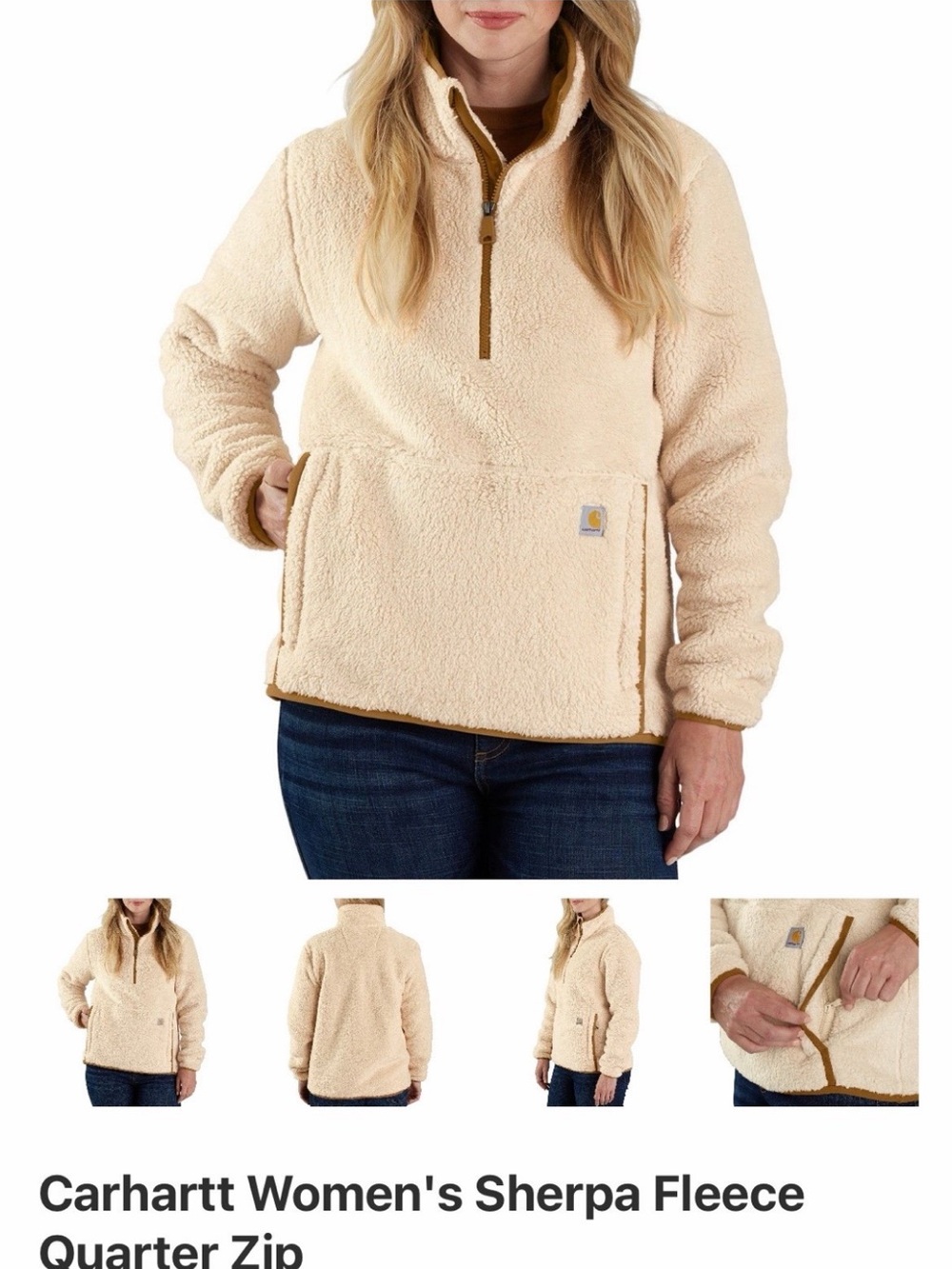 Carhartt Women's Sherpa Quarter-Zip Pullover - Cream with Brown Trim